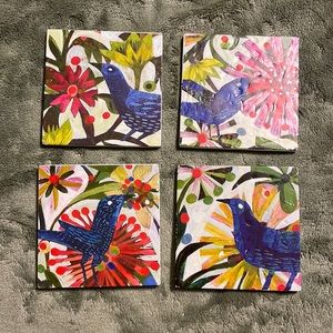 Crate and Barrel drink coaster set/4, painted bird design~blu, red, white, ylw